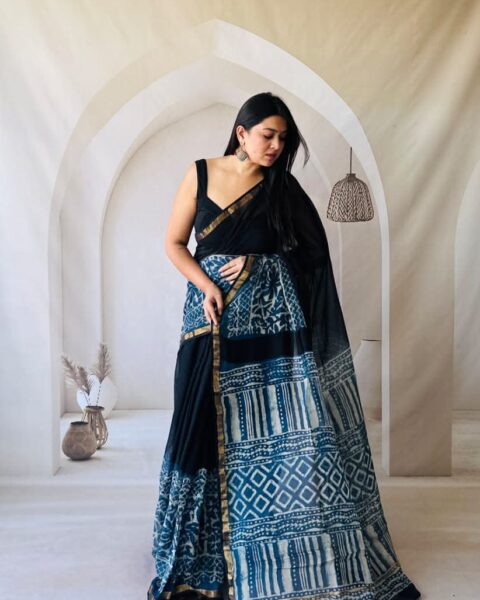 Floral printed Black and Blue Kota Doria Saree