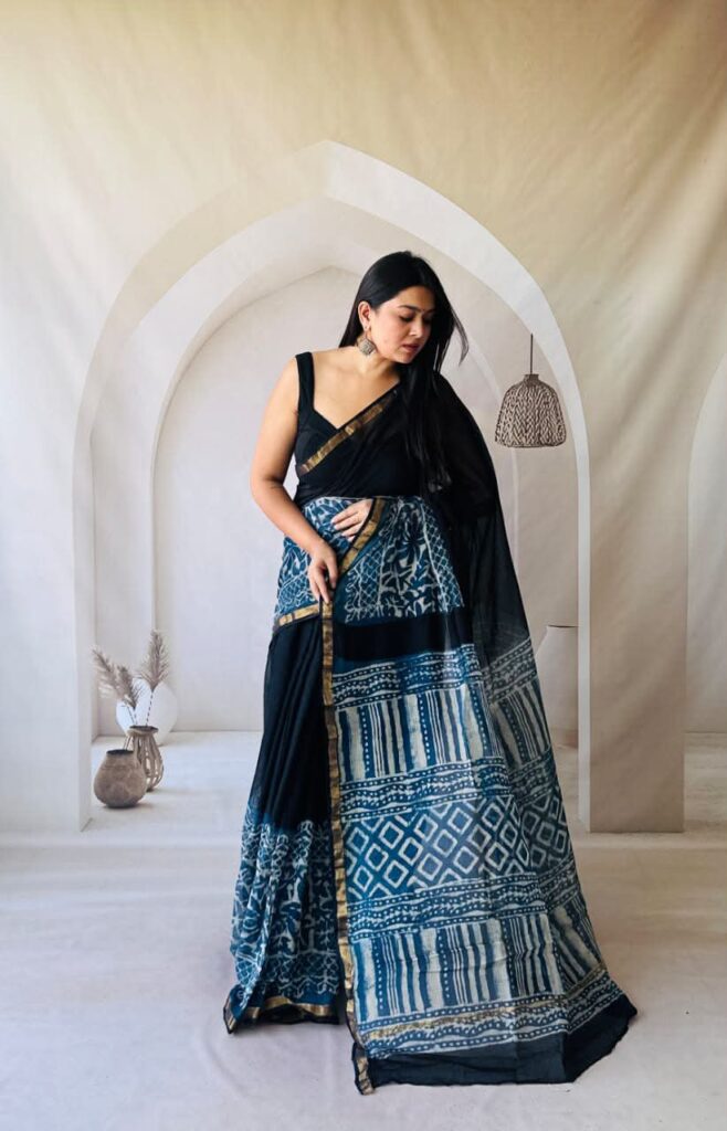 Floral printed Black and Blue Kota Doria Saree
