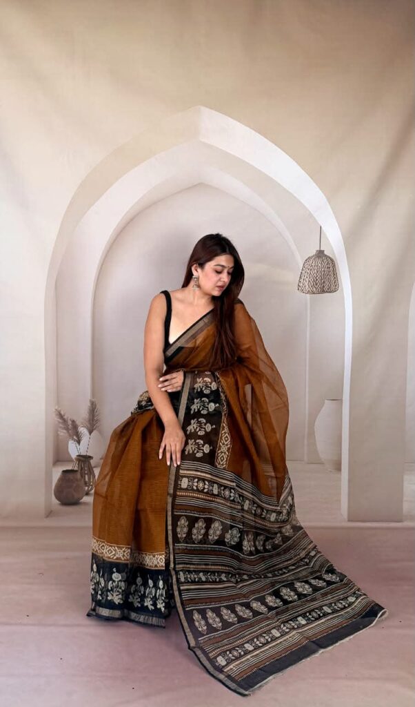 Floral Printed Maroon and Black Kota Doria Saree